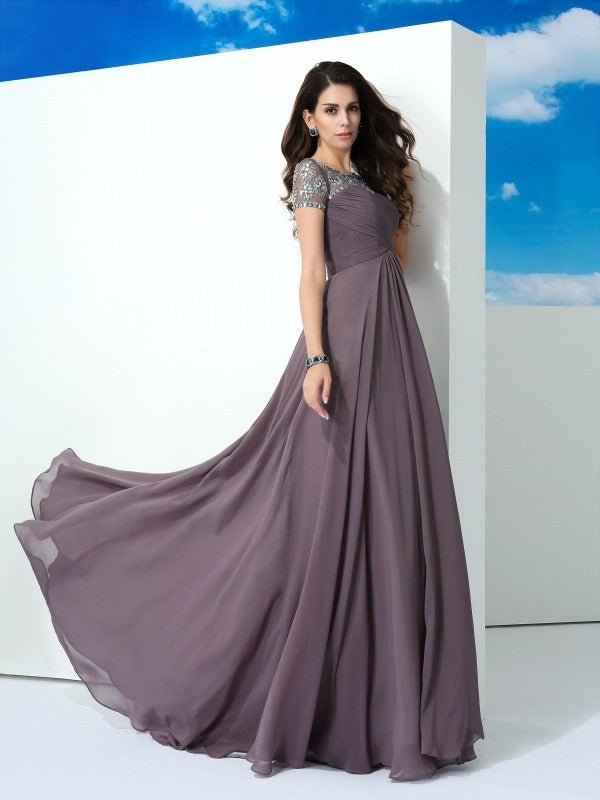 A-Line/Princess Sheer Neck Beading Short Sleeves Long Chiffon Dresses DFP0002078