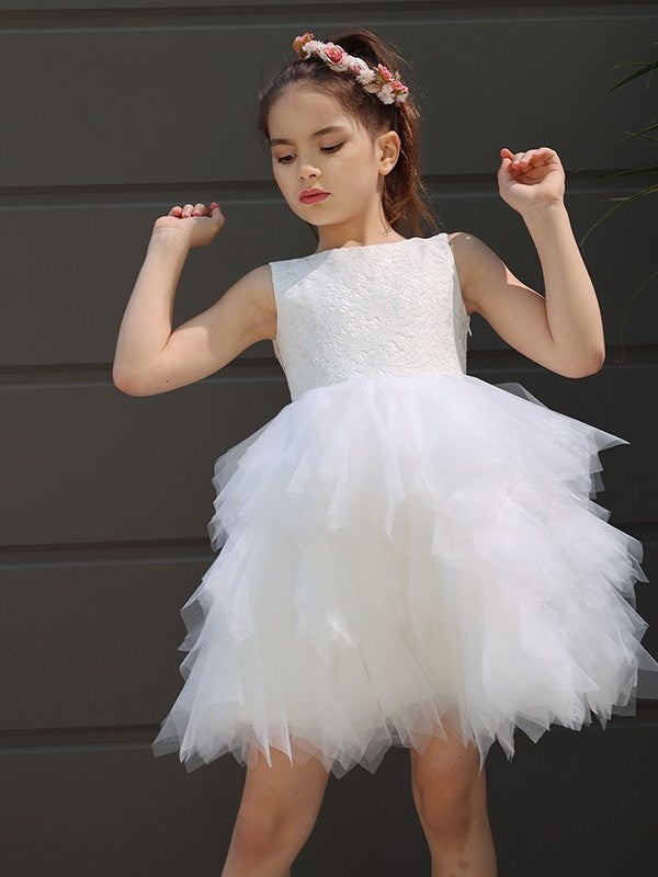 A-Line/Princess Tulle Lace Scoop Sleeveless Short/Mini Flower Girl Dresses DFP0007487