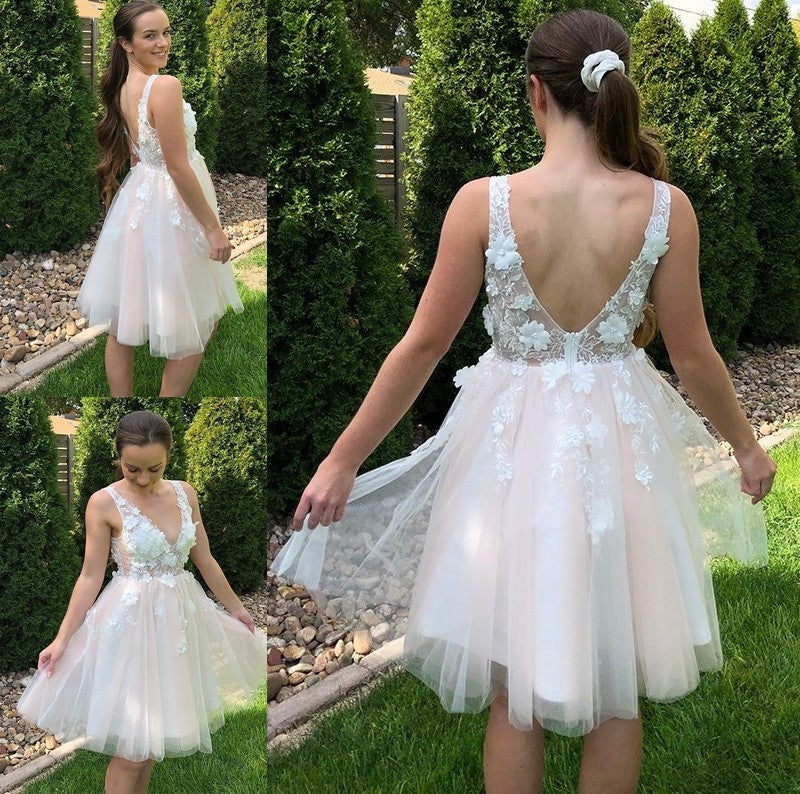 A-Line/Princess V-neck Applique Sleeveless Tulle Short/Mini Homecoming Dresses DFP0004602