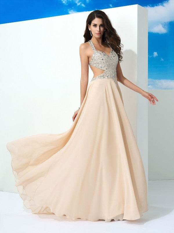 A-Line/Princess Straps Beading Sleeveless Long Chiffon Dresses DFP0002580