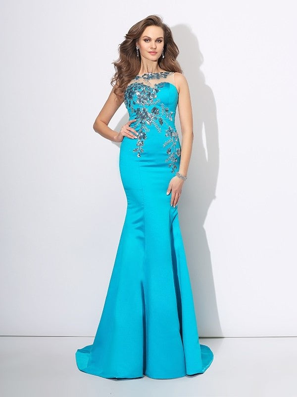 Trumpet/Mermaid Scoop Applique Sleeveless Long Satin Dresses DFP0002907