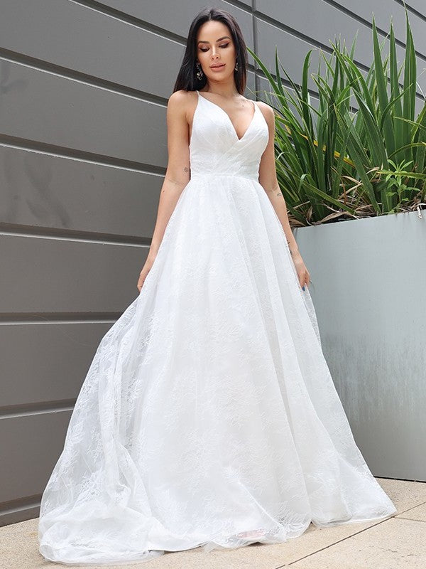 A-Line/Princess Lace Ruched V-neck Sleeveless Sweep/Brush Train Wedding Dresses DFP0006312
