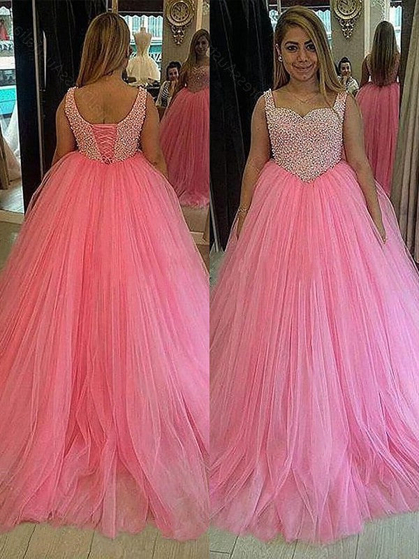 Ball Gown Sleeveless Sweetheart Tulle Sweep/Brush Train Pearls Plus Size Dresses DFP0003130