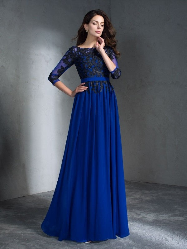 A-Line/Princess Scoop Applique 3/4 Sleeves Long Chiffon Dresses DFP0002930