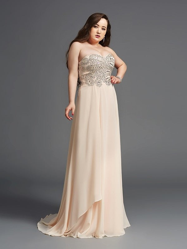 A-Line/Princess Sweetheart Rhinestone Sleeveless Long Chiffon Plus Size Dresses DFP0003705