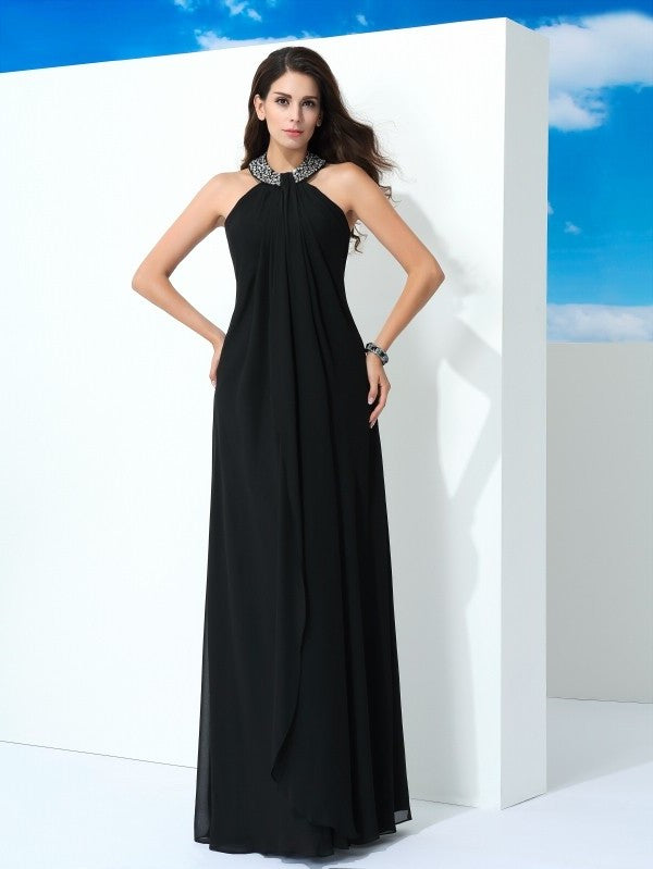 A-Line/Princess Halter Beading Sleeveless Long Chiffon Dresses DFP0002377