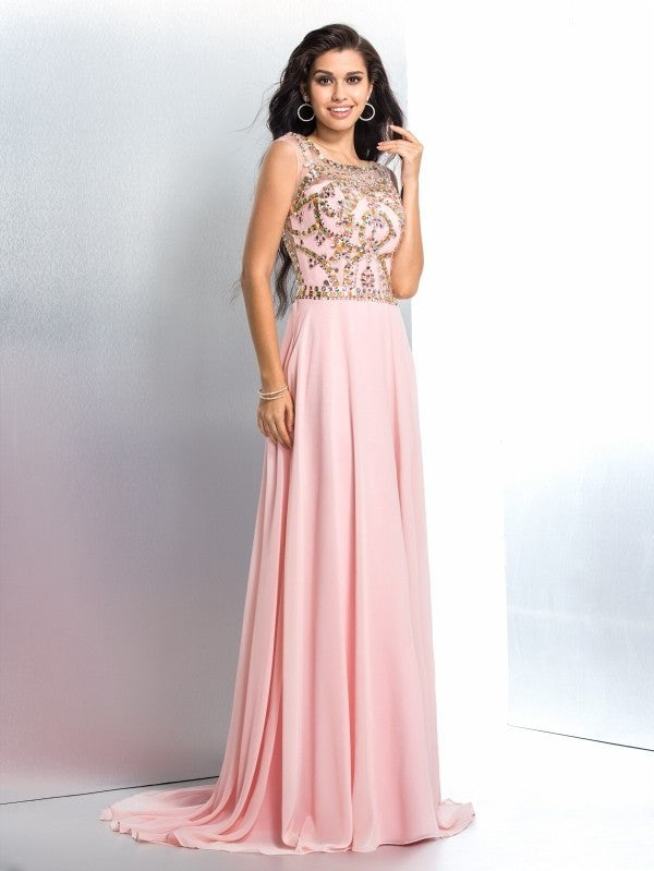 A-Line/Princess Scoop Beading Sleeveless Long Chiffon Dresses DFP0002980