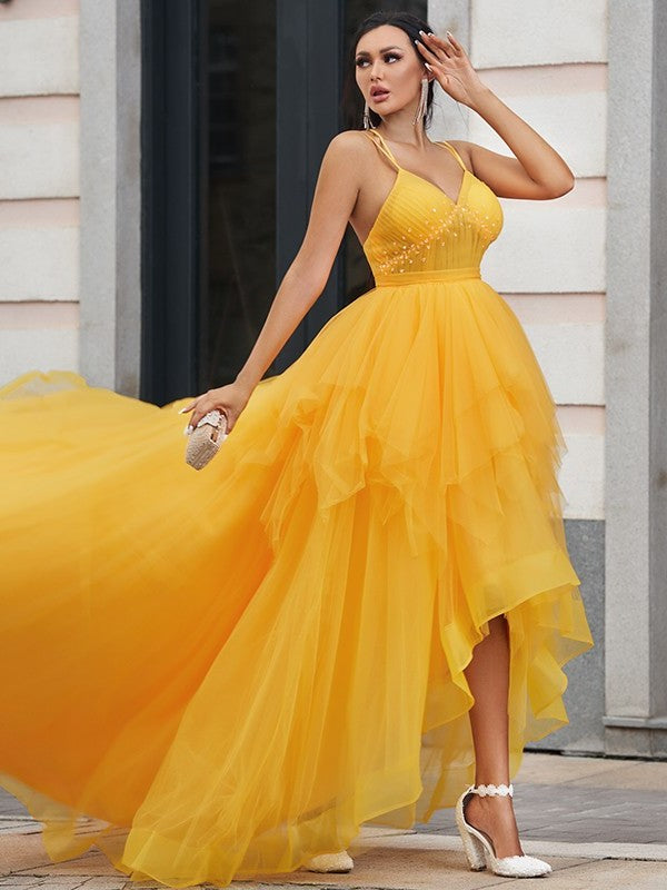 A-Line/Princess Tulle Ruffles V-neck Sleeveless Asymmetrical Dresses DFP0001550