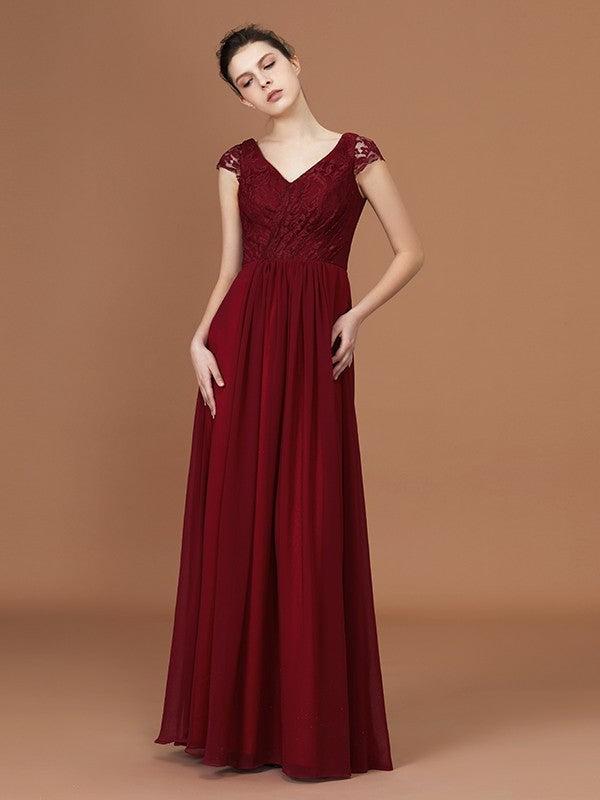 A-Line/Princess Lace Short Sleeves Chiffon Ruched V-neck Floor-Length Bridesmaid Dresses DFP0005649