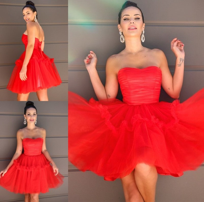 A-Line/Princess Strapless Tulle Ruffles Sleeveless Short/Mini Homecoming Dresses DFP0004466