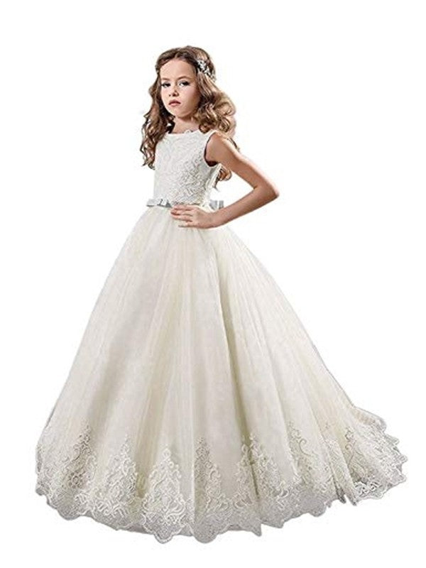 Ball Gown Jewel Sleeveless Lace Sweep/Brush Train Tulle Flower Girl Dresses DFP0007536