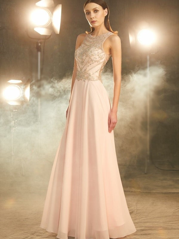 A-Line/Princess Scoop Sleeveless Chiffon Crystal Floor-length Dresses DFP0002399