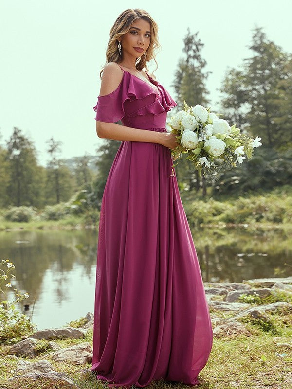 A-Line/Princess Chiffon Ruffles V-neck Sleeveless Floor-Length Bridesmaid Dresses DFP0004967