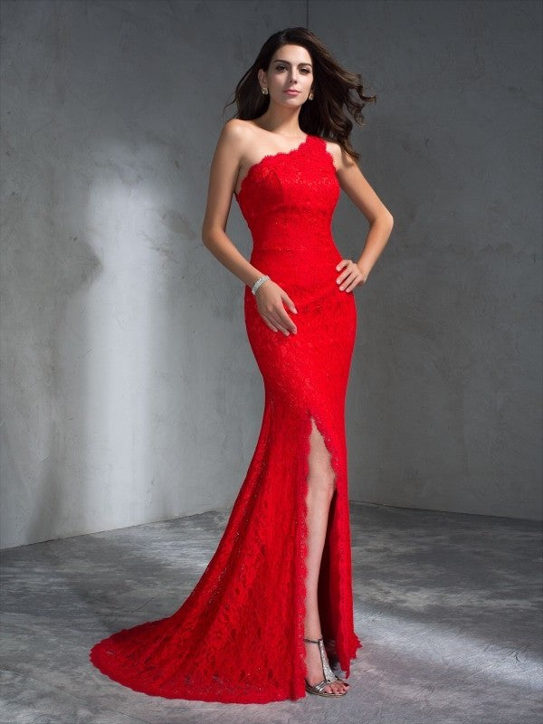 Trumpet/Mermaid One-Shoulder Sleeveless Long Lace Dresses DFP0002833