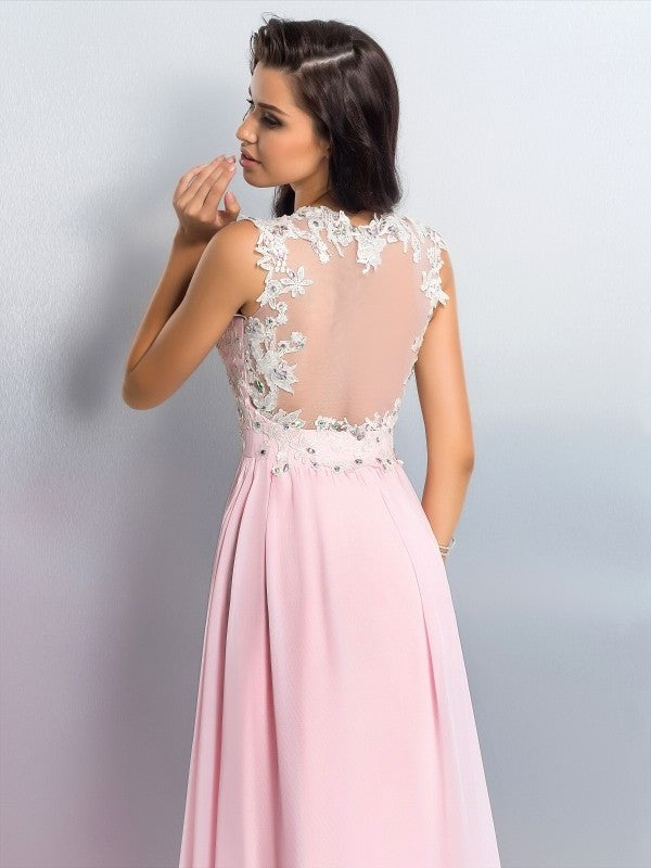 A-Line/Princess V-neck Applique Sleeveless Long Chiffon Dresses DFP0002658