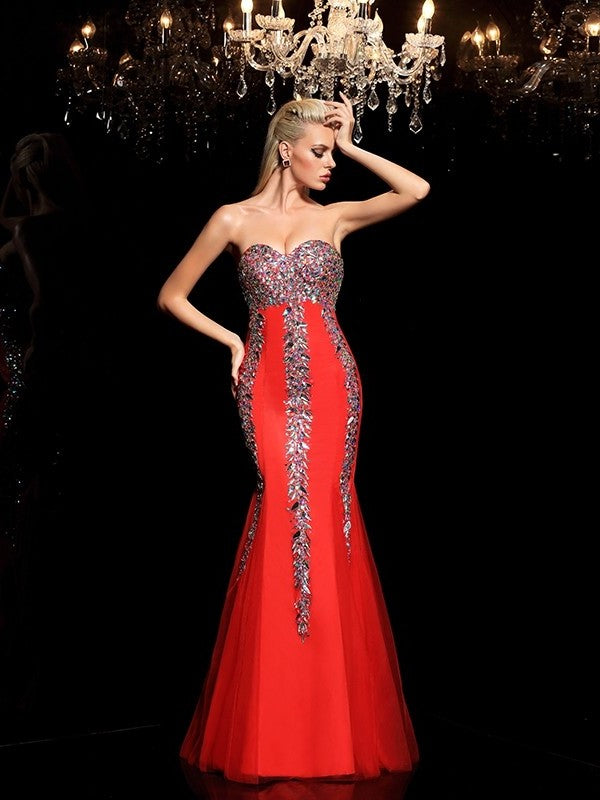 Sheath/Column Sweetheart Rhinestone Sleeveless Long Net Dresses DFP0003943