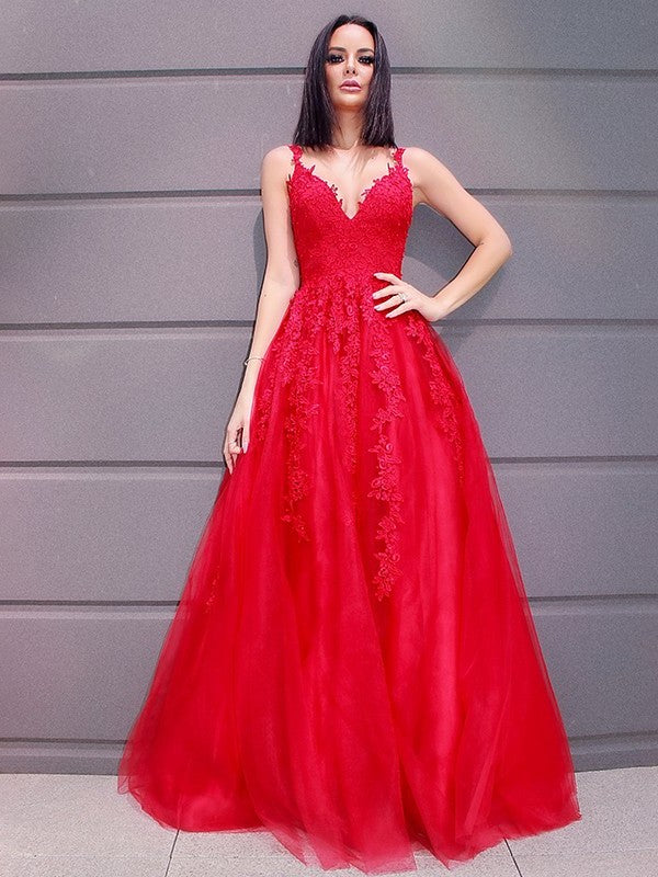 A-Line/Princess Tulle V-neck Floor-Length Applique Sleeveless Dresses DFP0001456