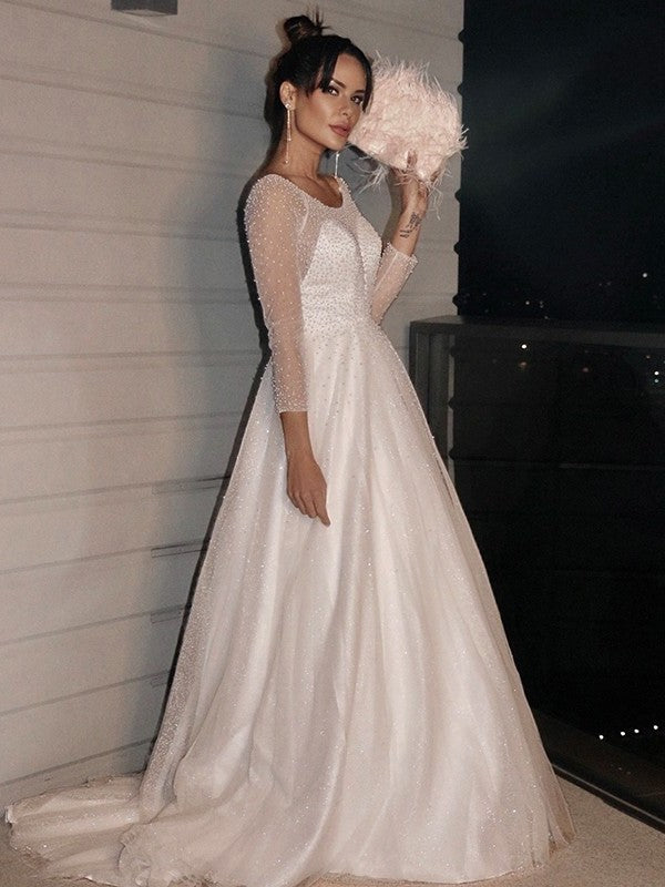 A-Line/Princess Beading Scoop Tulle Long Sleeves Sweep/Brush Train Wedding Dresses DFP0006062