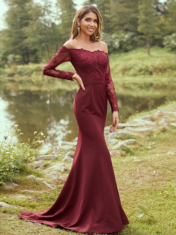 Sheath/Column Stretch Crepe Applique Off-the-Shoulder Long Sleeves Sweep/Brush Train Bridesmaid Dresses DFP0004985