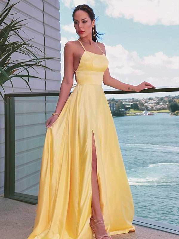 A-Line/Princess Spaghetti Straps Elastic Woven Satin Sleeveless Ruffles Sweep/Brush Train Dresses DFP0001548