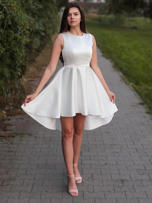 A-Line/Princess Satin Ruffles Jewel Sleeveless Short/Mini Homecoming Dresses DFP0004641