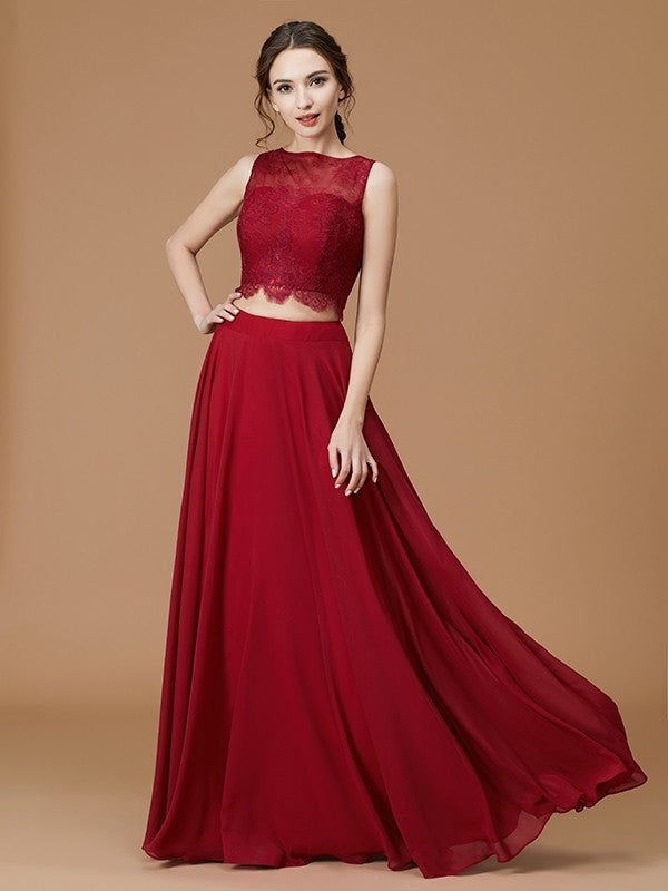 A-Line/Princess Bateau Sleeveless Floor-Length Lace Chiffon Bridesmaid Dresses DFP0005601