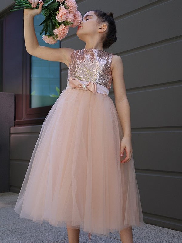 A-Line/Princess Tulle Bowknot Scoop Sleeveless Tea-Length Flower Girl Dresses DFP0007463