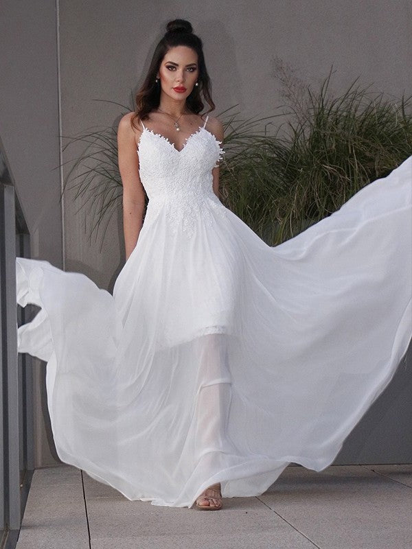 A-Line/Princess Applique Chiffon V-neck Sleeveless Sweep/Brush Train Wedding Dresses DFP0006445