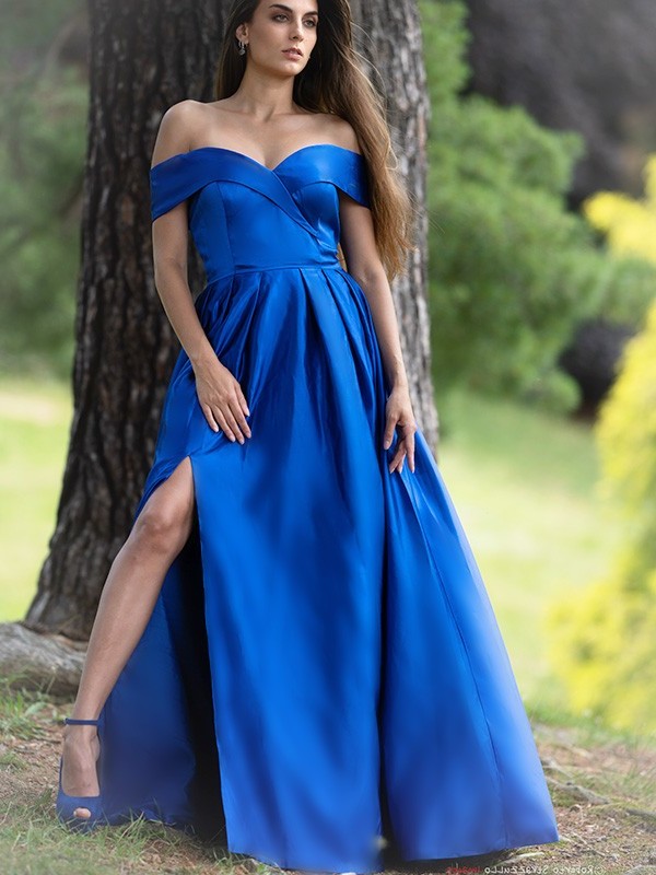 A-Line/Princess Ruffles Satin Off-the-Shoulder Sleeveless Floor-Length Dresses DFP0001547