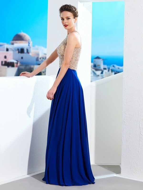 A-Line/Princess Scoop Sleeveless Floor-Length Crystal Chiffon Dresses DFP0002834