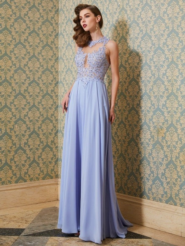 A-Line/Princess Scoop Sleeveless Floor-Length Applique Chiffon Dresses DFP0002687