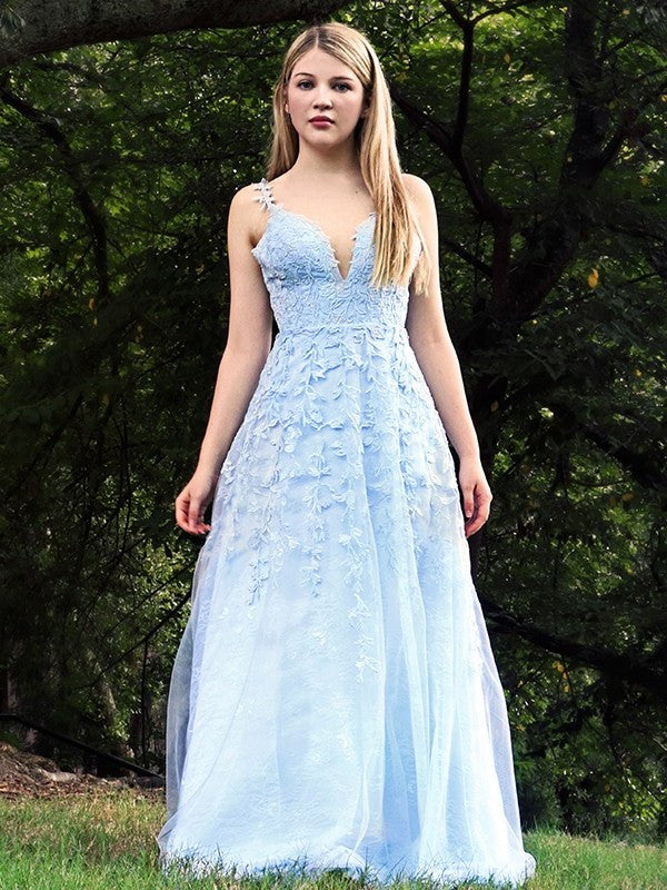 A-Line/Princess Sleeveless V-neck Applique Tulle Floor-Length Dresses DFP0004558