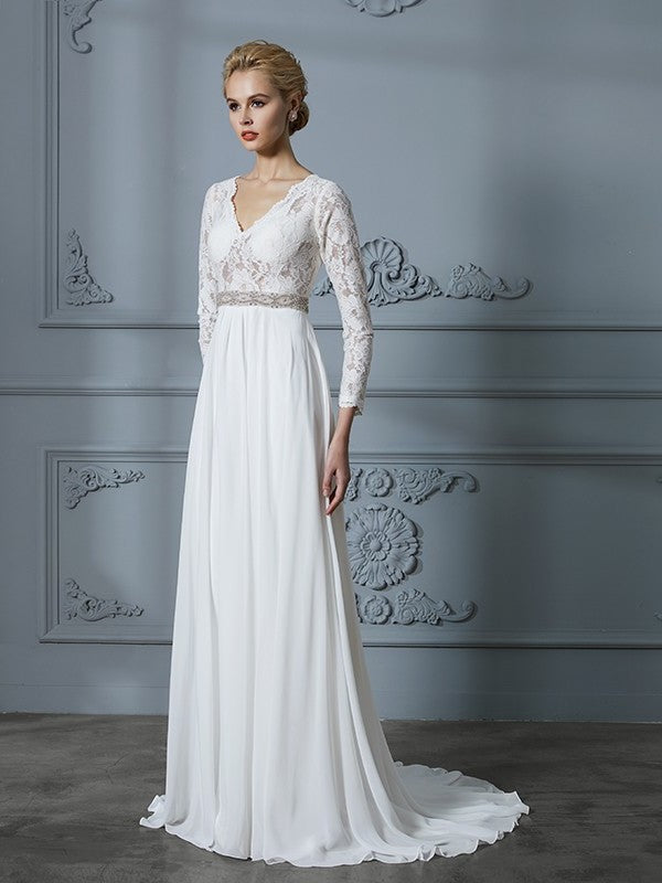 A-Line/Princess 3/4 Sleeves V-neck Lace Sweep/Brush Train Chiffon Wedding Dresses DFP0006390