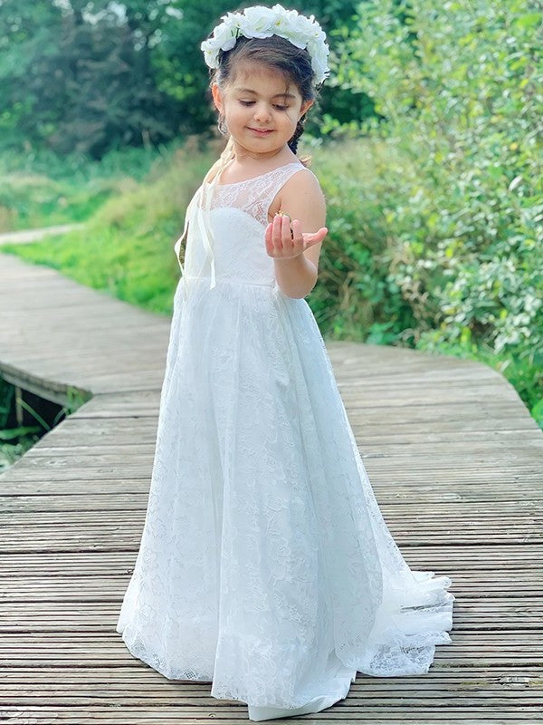 A-Line/Princess Lace Ruffles Scoop Sleeveless Ankle-Length Flower Girl Dresses DFP0007475