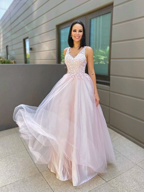 A-Line/Princess V-neck Sleeveless Applique Tulle Floor-Length Dresses DFP0001522