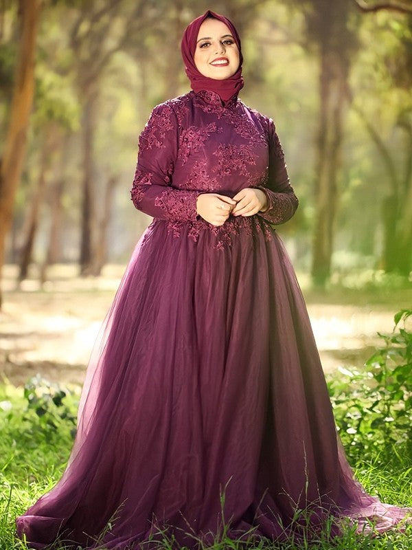 Ball Gown High Neck Tulle Applique Long Sleeves Sweep/Brush Train Muslim Dresses DFP0004669