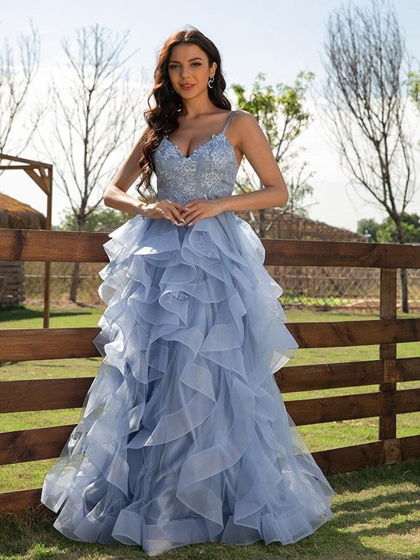 A-Line/Princess Tulle Applique V-neck Sleeveless Floor-Length Dresses DFP0001540