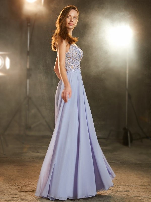 A-Line/Princess Scoop Sleeveless Floor-Length Applique Chiffon Dresses DFP0002606