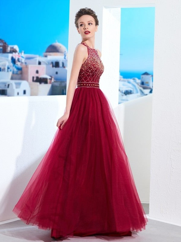 A-Line/Princess Scoop Sleeveless Floor-Length Beading Tulle Dresses DFP0002471