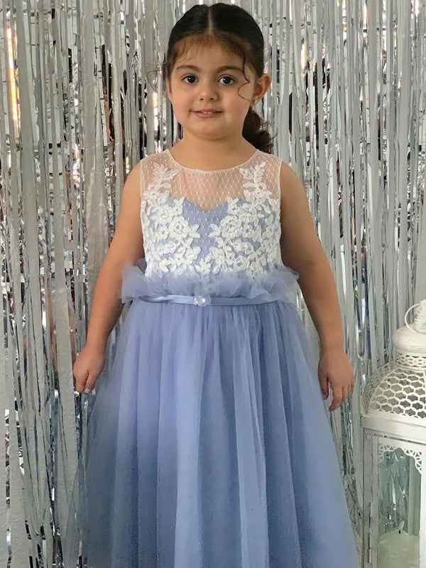 A-Line/Princess Tulle Lace Scoop Sleeveless Knee-Length Flower Girl Dresses DFP0007465