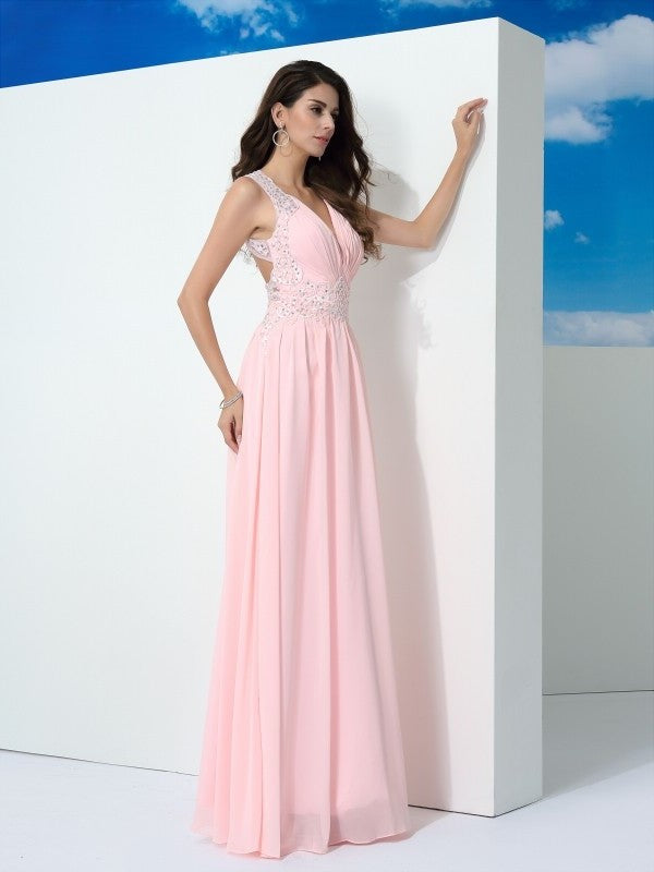 A-Line/Princess Straps Beading Sleeveless Long Chiffon Dresses DFP0002549