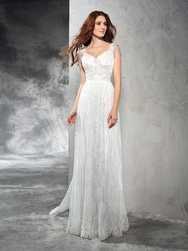 A-Line/Princess Straps Lace Sleeveless Long Lace Wedding Dresses DFP0006600