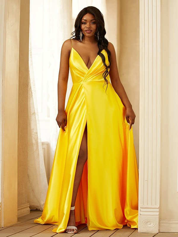 A-Line/Princess Silk like Satin Ruched V-neck Sleeveless Sweep/Brush Train Dresses DFP0001614