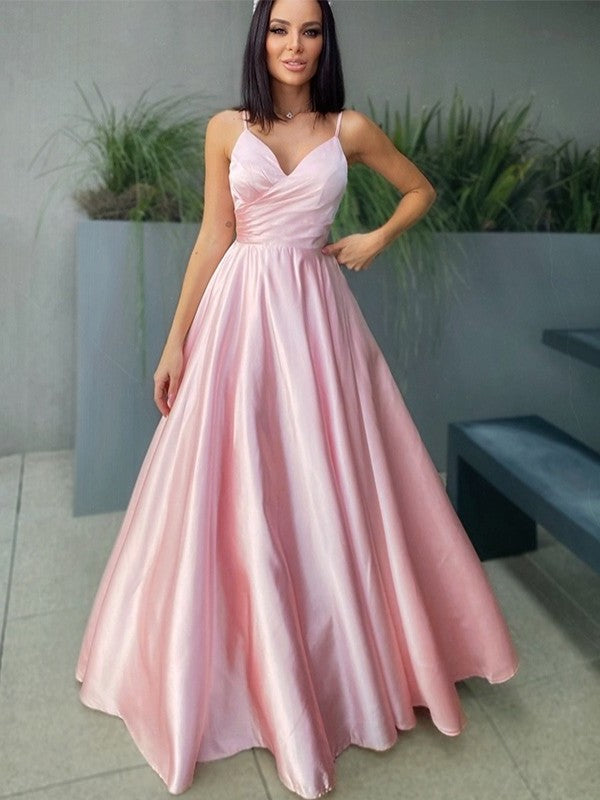 A-Line/Princess V-neck Satin Ruched Sleeveless Floor-Length Dresses DFP0001582