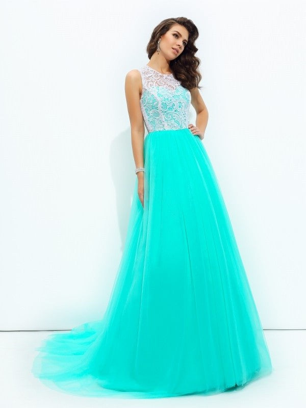 A-line/Princess Scoop Lace Sleeveless Long Net Dresses DFP0002683