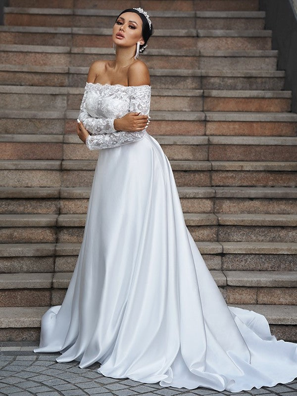 A-Line/Princess Satin Lace Off-the-Shoulder Long Sleeves Sweep/Brush Train Wedding Dresses DFP0006508
