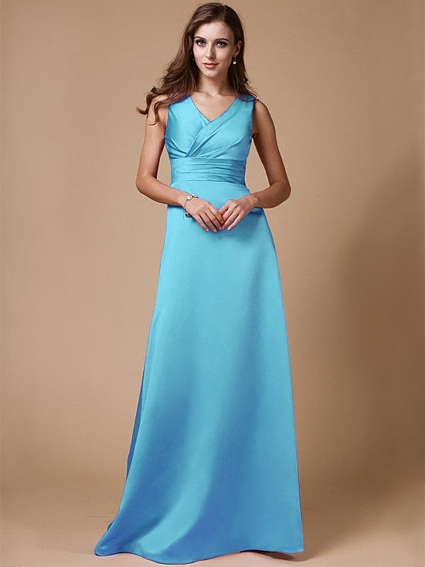 A-Line/Princess V-neck Long Sleeveless Elastic Woven Satin Bridesmaid Dresses DFP0005409