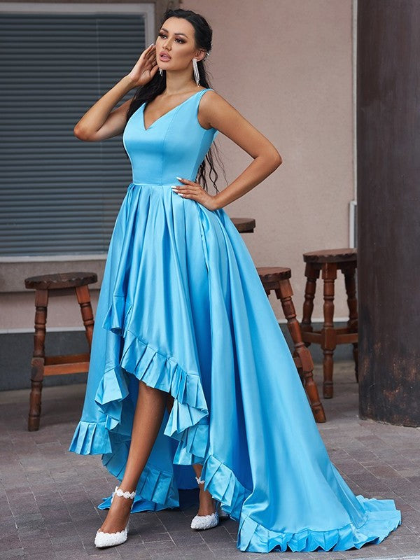 A-Line/Princess Satin Ruffles V-neck Sleeveless Asymmetrical Dresses DFP0001559