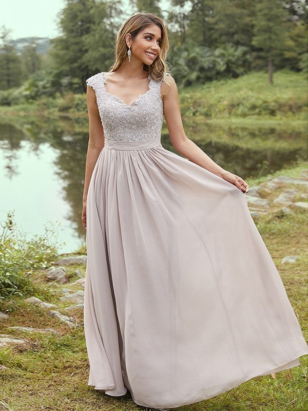 A-Line/Princess Chiffon Applique Sweetheart Sleeveless Floor-Length Bridesmaid Dresses DFP0004983