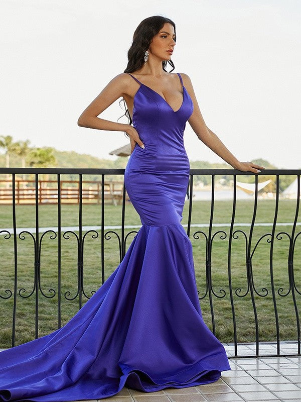 Trumpet/Mermaid Satin Ruffles V-neck Sleeveless Sweep/Brush Train Dresses DFP0001576